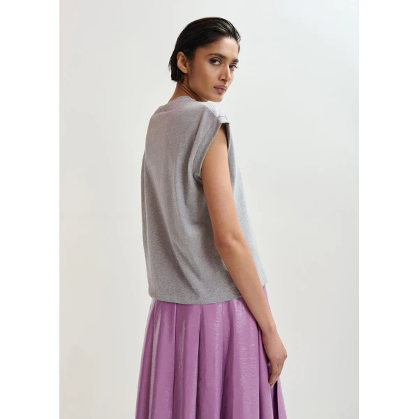 Essentiel Antwerp Grey cotton T-shirt with bead embroidery - Essentiel Antwerp Shirts - Colorful Belgian Design - Shop at Luxury Shoes 
