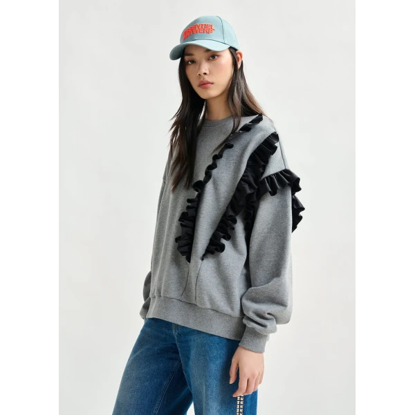 Essentiel Antwerp Grey cotton-blend sweatshirt with ruffle details - Essentiel Antwerp Shirts - Colorful Belgian Design - Shop at Luxury Shoes 