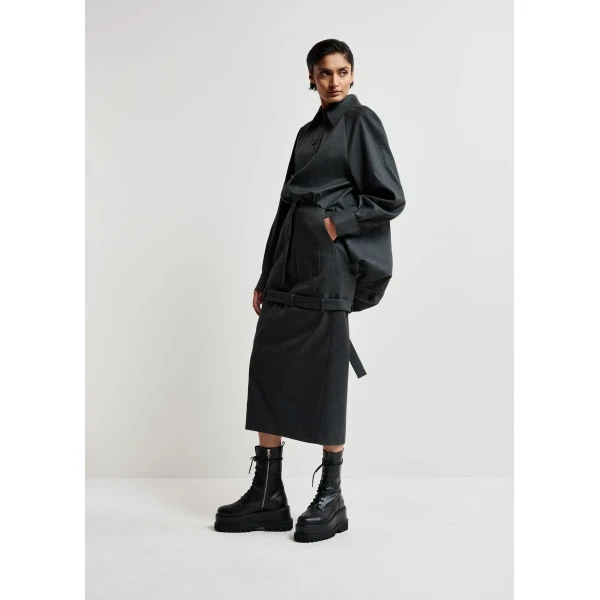 Essentiel Antwerp Grey draped-back tailored dress with belted waist - Essentiel Antwerp Dresses - Colorful Belgian Design - Shop at Luxury Shoes 
