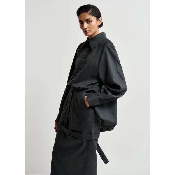 Essentiel Antwerp Grey draped-back tailored dress with belted waist - Essentiel Antwerp Dresses - Colorful Belgian Design - Shop at Luxury Shoes 