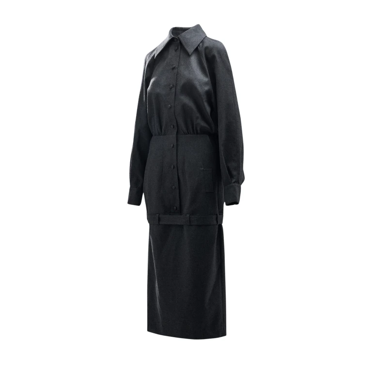 Essentiel Antwerp Grey draped-back tailored dress with belted waist - Essentiel Antwerp Dresses - Colorful Belgian Design - Shop at Luxury Shoes 
