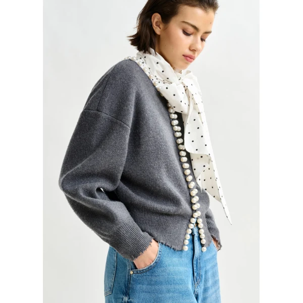 Essentiel Antwerp Grey pearl-embellished cardigan - Essentiel Antwerp Knitwear - Colorful Belgian Design - Shop at Luxury Shoes 