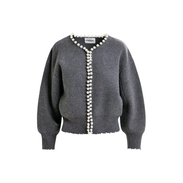 Essentiel Antwerp Grey pearl-embellished cardigan - Essentiel Antwerp Knitwear - Colorful Belgian Design - Shop at Luxury Shoes 
