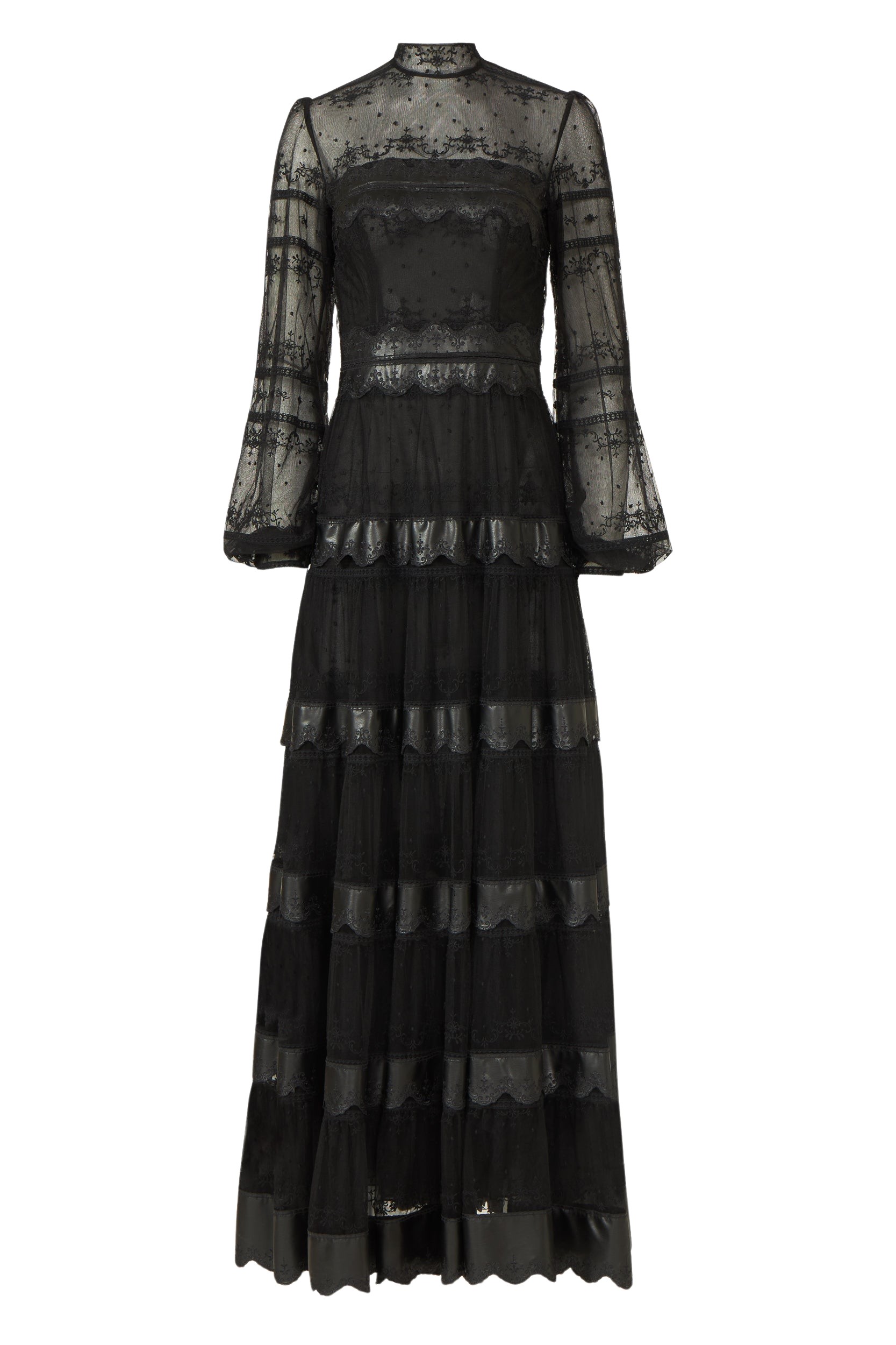 Costarellos Jacey Embroidered Tulle Faux Leather Gown