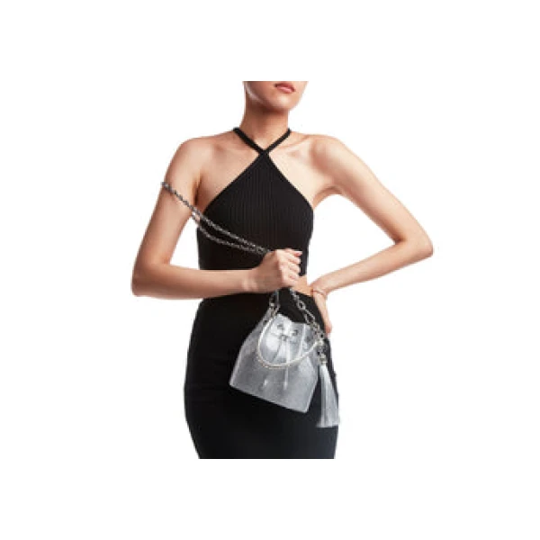 Judith Leiber Piper Bucket Silver Drawstring Bag - Judith Leiber Crystal Clutch - Luxury Evening Bag - Shop at Luxury Shoes 