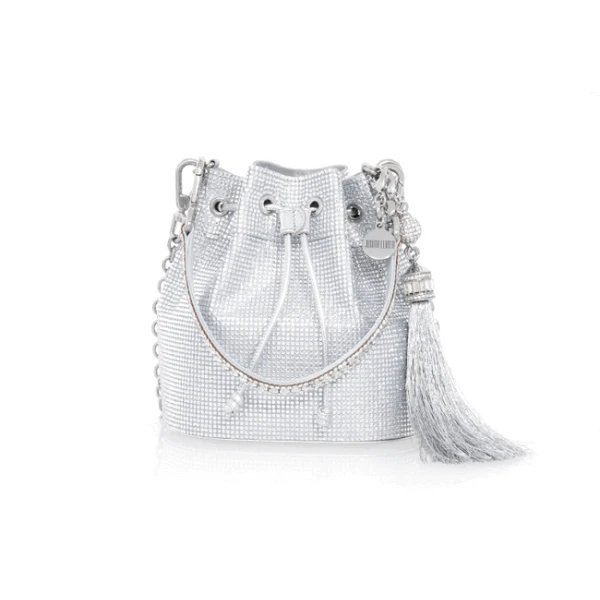 Judith Leiber Piper Bucket Silver Drawstring Bag - Judith Leiber Crystal Clutch - Luxury Evening Bag - Shop at Luxury Shoes 