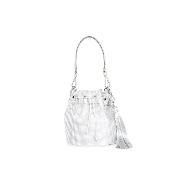 Judith Leiber Piper Bucket Silver Drawstring Bag - Judith Leiber Crystal Clutch - Luxury Evening Bag - Shop at Luxury Shoes 
