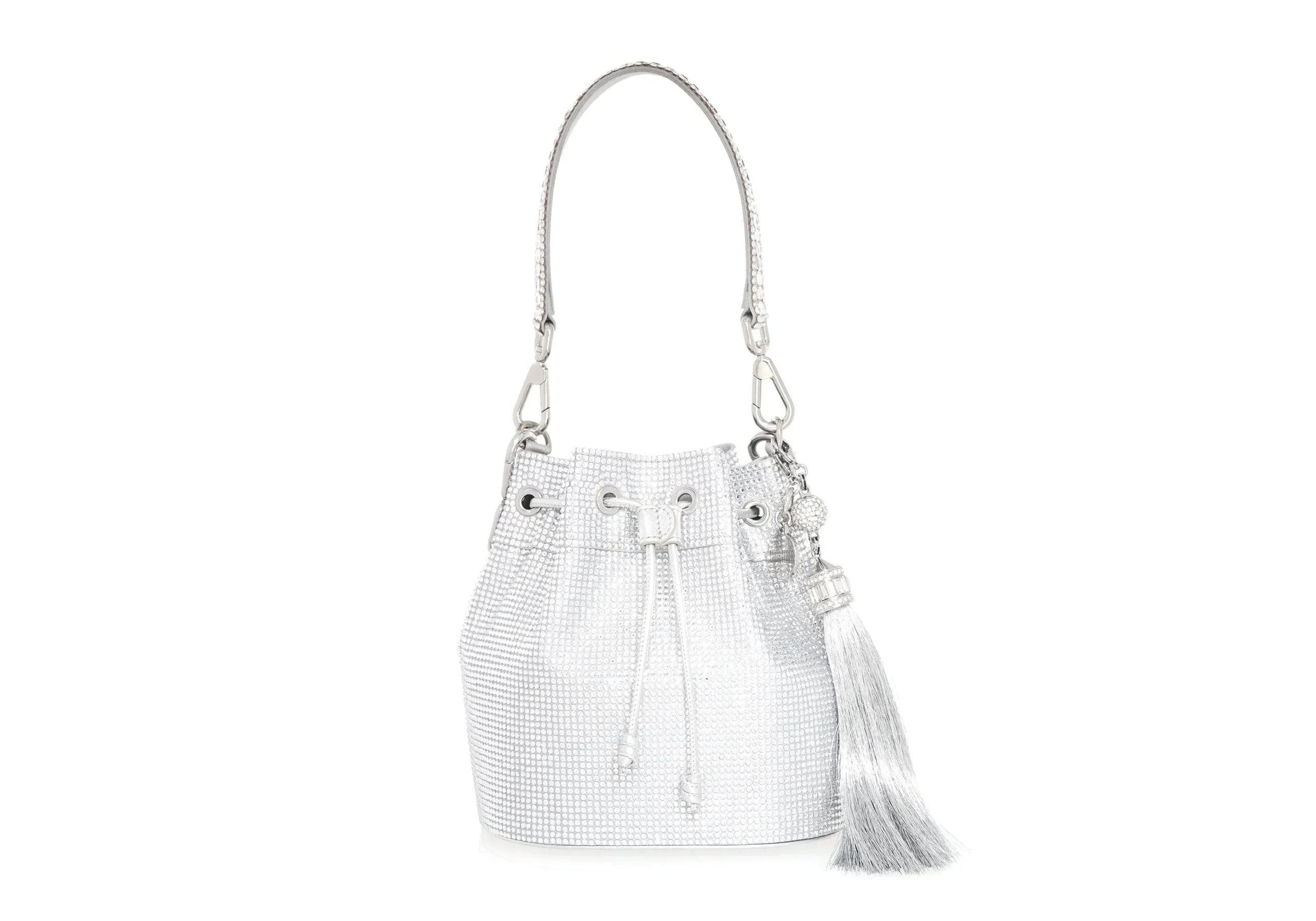 Judith Leiber Piper Bucket Silver Drawstring Bag - Judith Leiber Crystal Clutch - Luxury Evening Bag - Shop at Luxury Shoes 