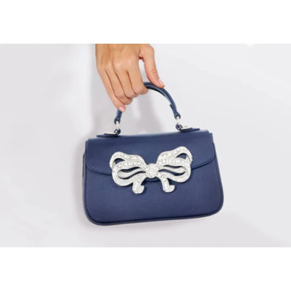 Judith Leiber Satin Bow Top Handle Navy - Judith Leiber Crystal Clutch - Luxury Evening Bag - Shop at Luxury Shoes 