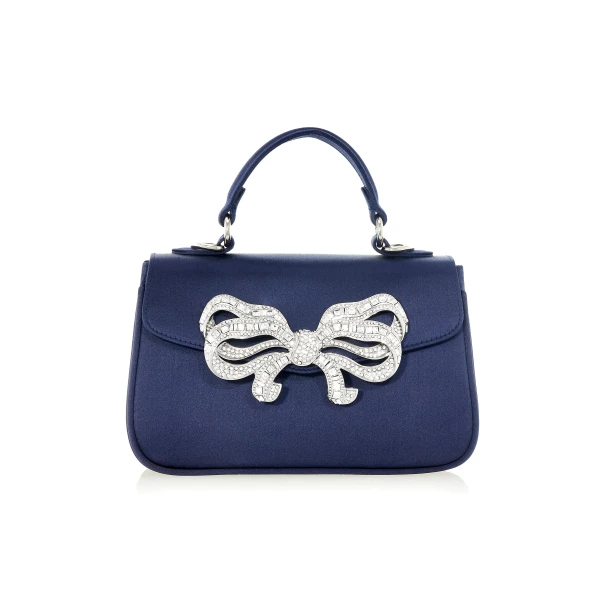 Judith Leiber Satin Bow Top Handle Navy - Judith Leiber Crystal Clutch - Luxury Evening Bag - Shop at Luxury Shoes 