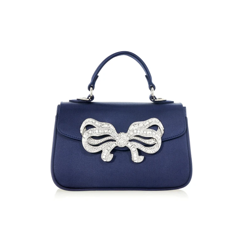 Judith Leiber Satin Bow Top Handle Navy - Judith Leiber Crystal Clutch - Luxury Evening Bag - Shop at Luxury Shoes 