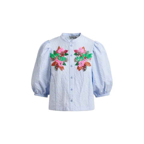 Essentiel Antwerp Light blue and multicolor floral sequin and bead-embellished shirt with voluminous sleeves - Essentiel Antwerp Shirts - Colorful Belgian Design - Shop at Luxury Shoes 
