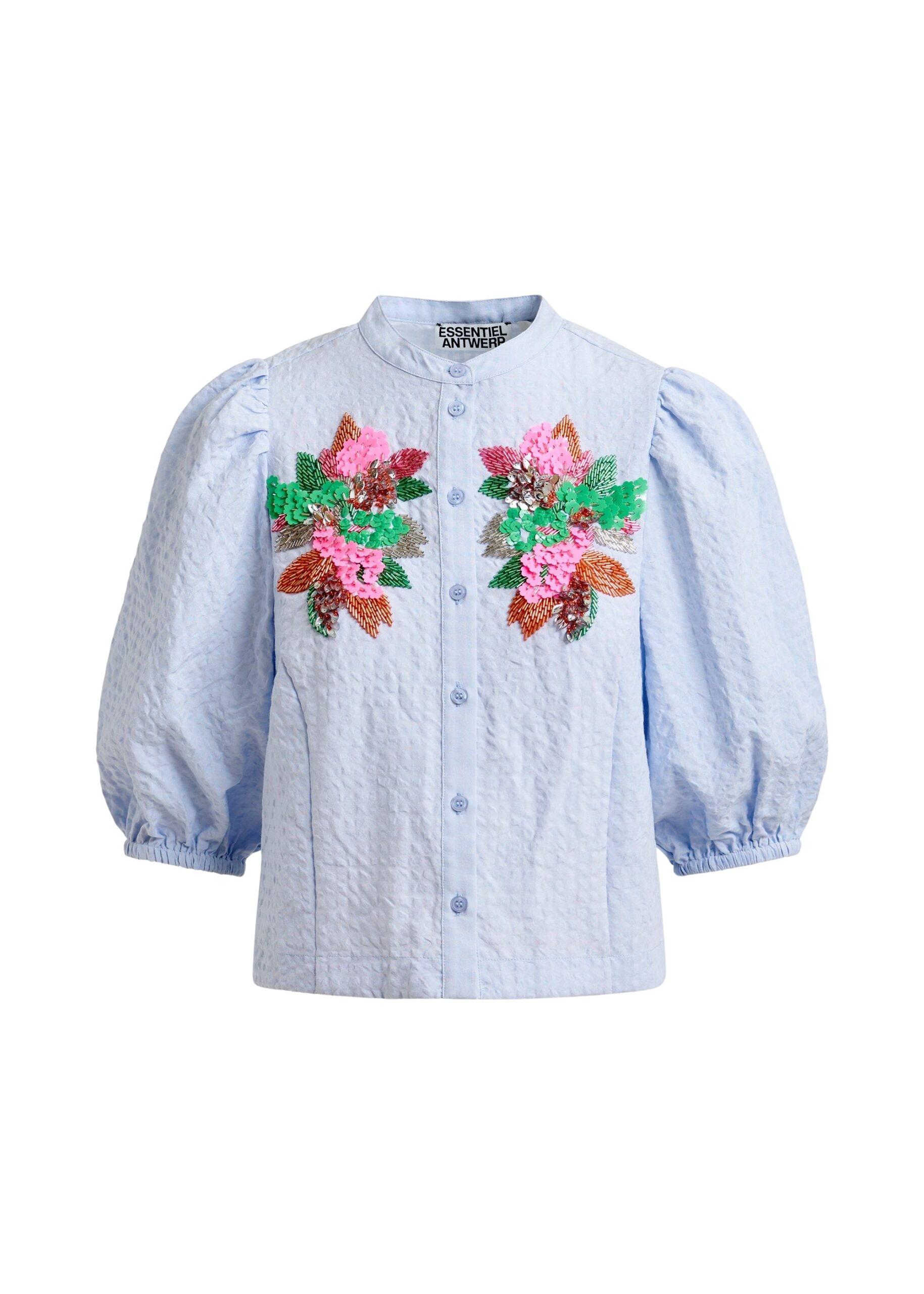 Essentiel Antwerp Light blue and multicolor floral sequin and bead-embellished shirt with voluminous sleeves