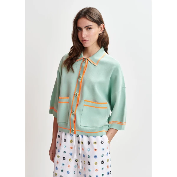 Essentiel Antwerp Light blue and orange knit cardigan with flower buttons and contrasting trims - Essentiel Antwerp Knitwear - Colorful Belgian Design - Shop at Luxury Shoes 
