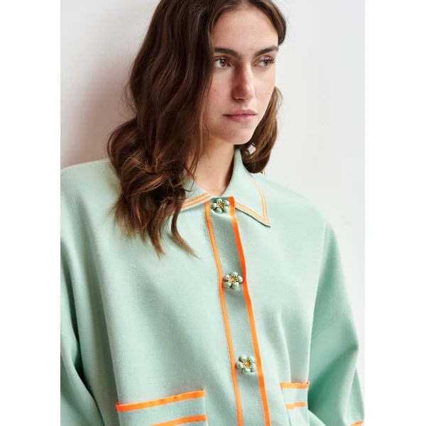 Essentiel Antwerp Light blue and orange knit cardigan with flower buttons and contrasting trims - Essentiel Antwerp Knitwear - Colorful Belgian Design - Shop at Luxury Shoes 