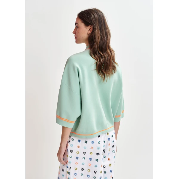 Essentiel Antwerp Light blue and orange knit cardigan with flower buttons and contrasting trims - Essentiel Antwerp Knitwear - Colorful Belgian Design - Shop at Luxury Shoes 