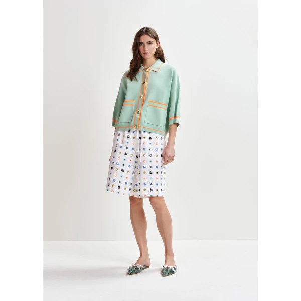 Essentiel Antwerp Light blue and orange knit cardigan with flower buttons and contrasting trims - Essentiel Antwerp Knitwear - Colorful Belgian Design - Shop at Luxury Shoes 