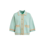 Essentiel Antwerp Light blue and orange knit cardigan with flower buttons and contrasting trims - Essentiel Antwerp Knitwear - Colorful Belgian Design - Shop at Luxury Shoes 