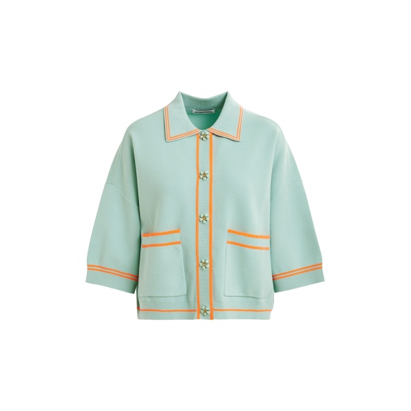 Essentiel Antwerp Light blue and orange knit cardigan with flower buttons and contrasting trims - Essentiel Antwerp Knitwear - Colorful Belgian Design - Shop at Luxury Shoes 