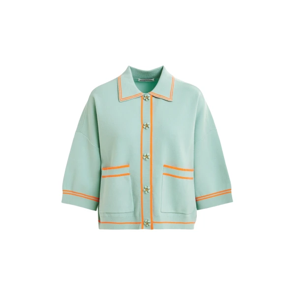 Essentiel Antwerp Light blue and orange knit cardigan with flower buttons and contrasting trims - Essentiel Antwerp Knitwear - Colorful Belgian Design - Shop at Luxury Shoes 