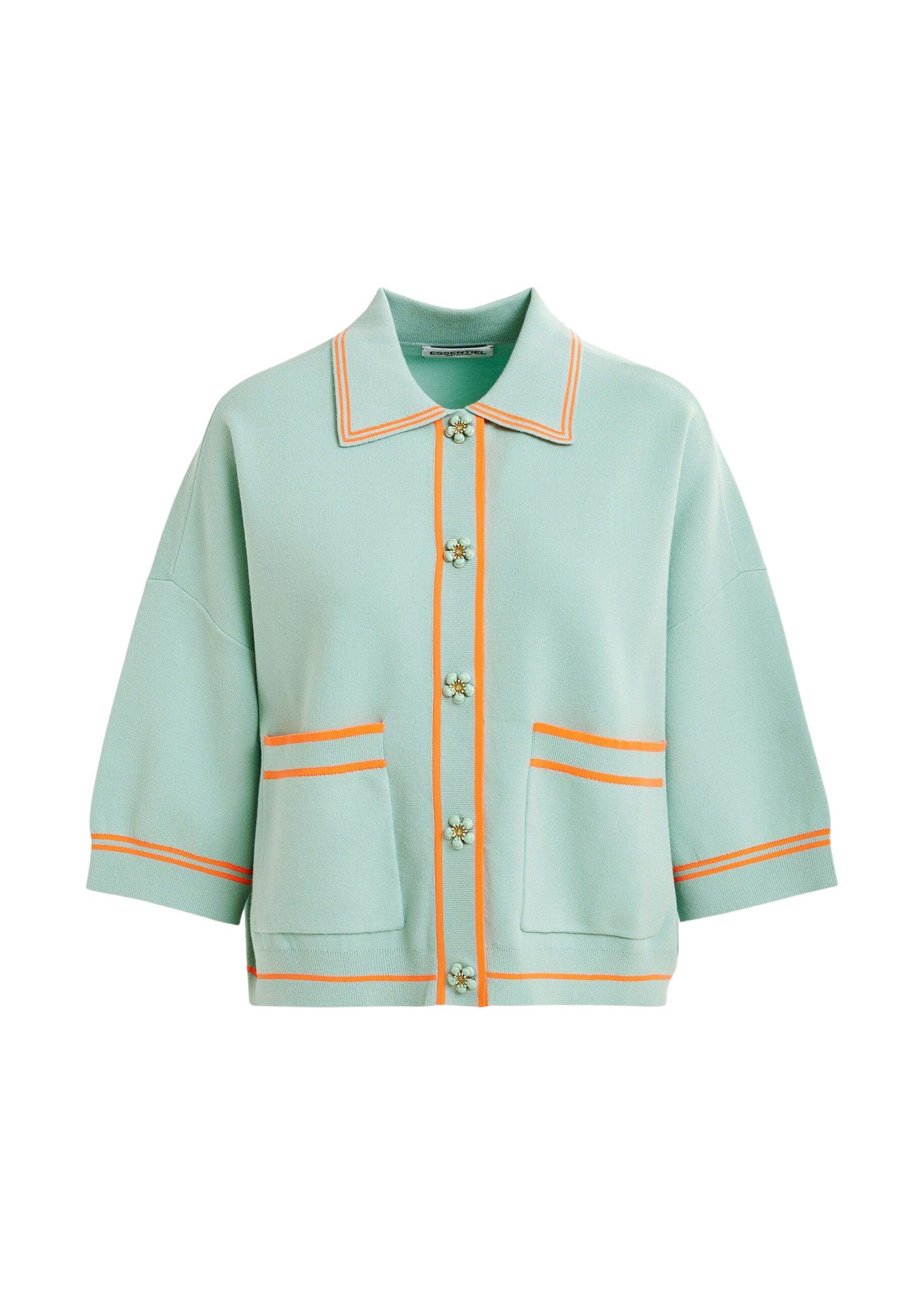 Essentiel Antwerp Light blue and orange knit cardigan with flower buttons and contrasting trims