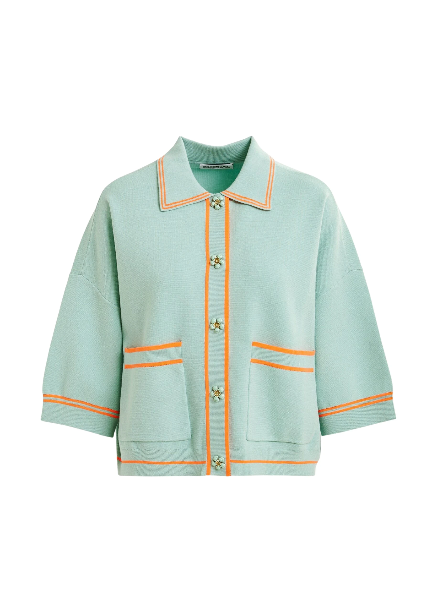 Light-blue-and-orange-knit-cardigan-with-flower-buttons-and-contrasting-trims-Essentiel-Antwerp-Knitwear-scaled39146_nobg Essentiel Antwerp Light blue and orange knit cardigan with flower buttons and contrasting trims - Essentiel Antwerp Knitwear - Colorful Belgian Design - Shop at Luxury Shoes