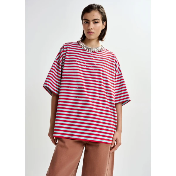Essentiel Antwerp Light blue and red striped rhinestone-embellished oversized cotton T-shirt - Essentiel Antwerp Shirts - Colorful Belgian Design - Shop at Luxury Shoes 