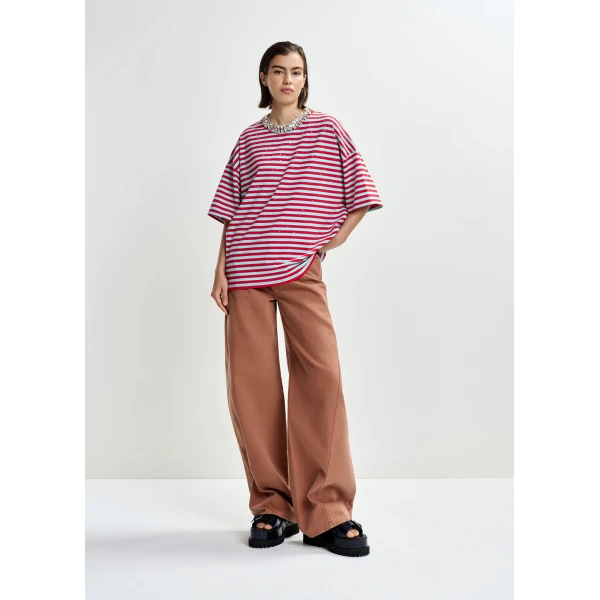Essentiel Antwerp Light blue and red striped rhinestone-embellished oversized cotton T-shirt - Essentiel Antwerp Shirts - Colorful Belgian Design - Shop at Luxury Shoes 