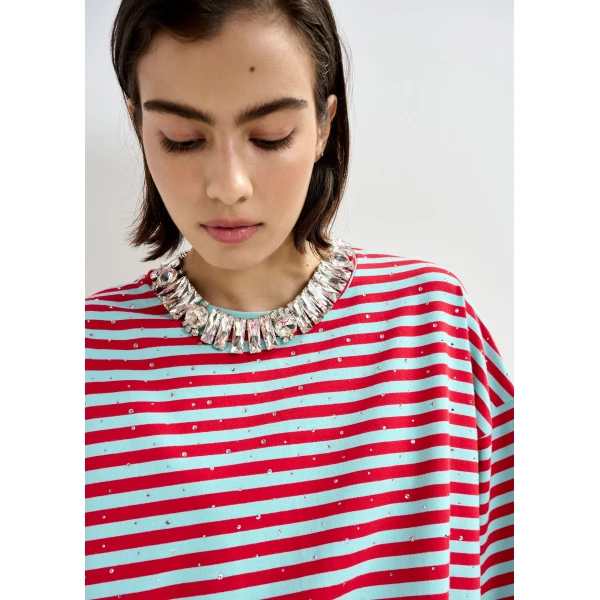 Essentiel Antwerp Light blue and red striped rhinestone-embellished oversized cotton T-shirt - Essentiel Antwerp Shirts - Colorful Belgian Design - Shop at Luxury Shoes 