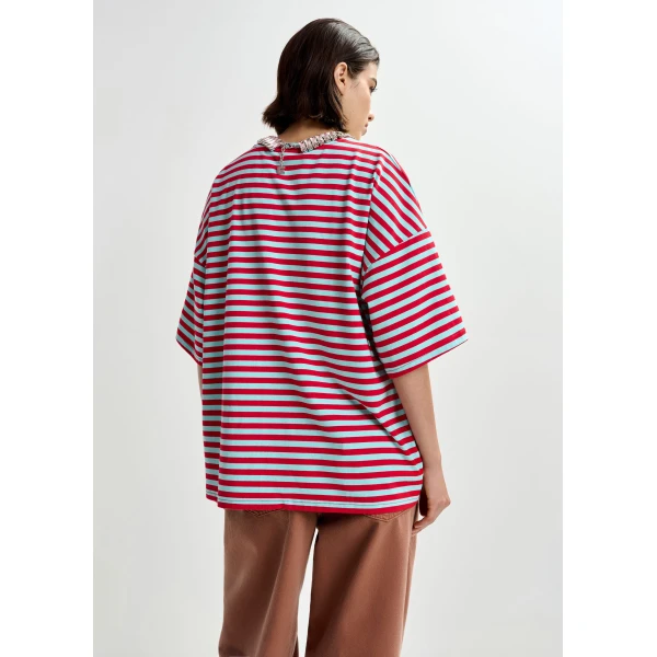 Essentiel Antwerp Light blue and red striped rhinestone-embellished oversized cotton T-shirt - Essentiel Antwerp Shirts - Colorful Belgian Design - Shop at Luxury Shoes 