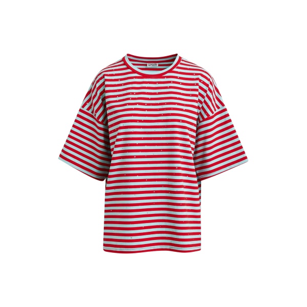Essentiel Antwerp Light blue and red striped rhinestone-embellished oversized cotton T-shirt - Essentiel Antwerp Shirts - Colorful Belgian Design - Shop at Luxury Shoes 