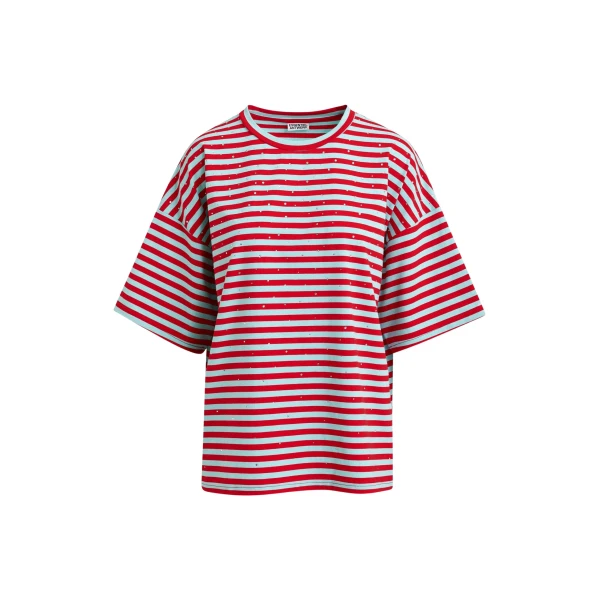 Essentiel Antwerp Light blue and red striped rhinestone-embellished oversized cotton T-shirt - Essentiel Antwerp Shirts - Colorful Belgian Design - Shop at Luxury Shoes 