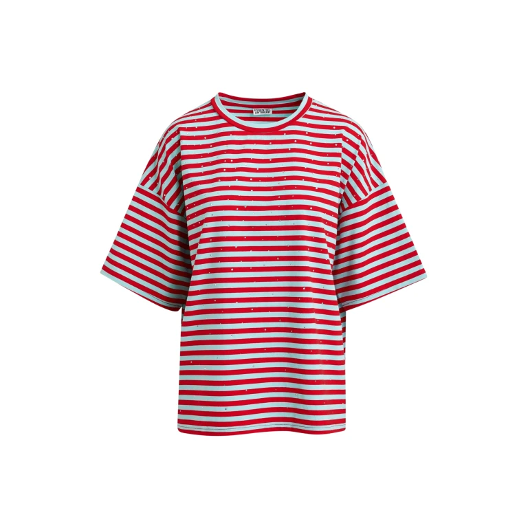 Essentiel Antwerp Light blue and red striped rhinestone-embellished oversized cotton T-shirt - Essentiel Antwerp Shirts - Colorful Belgian Design - Shop at Luxury Shoes 