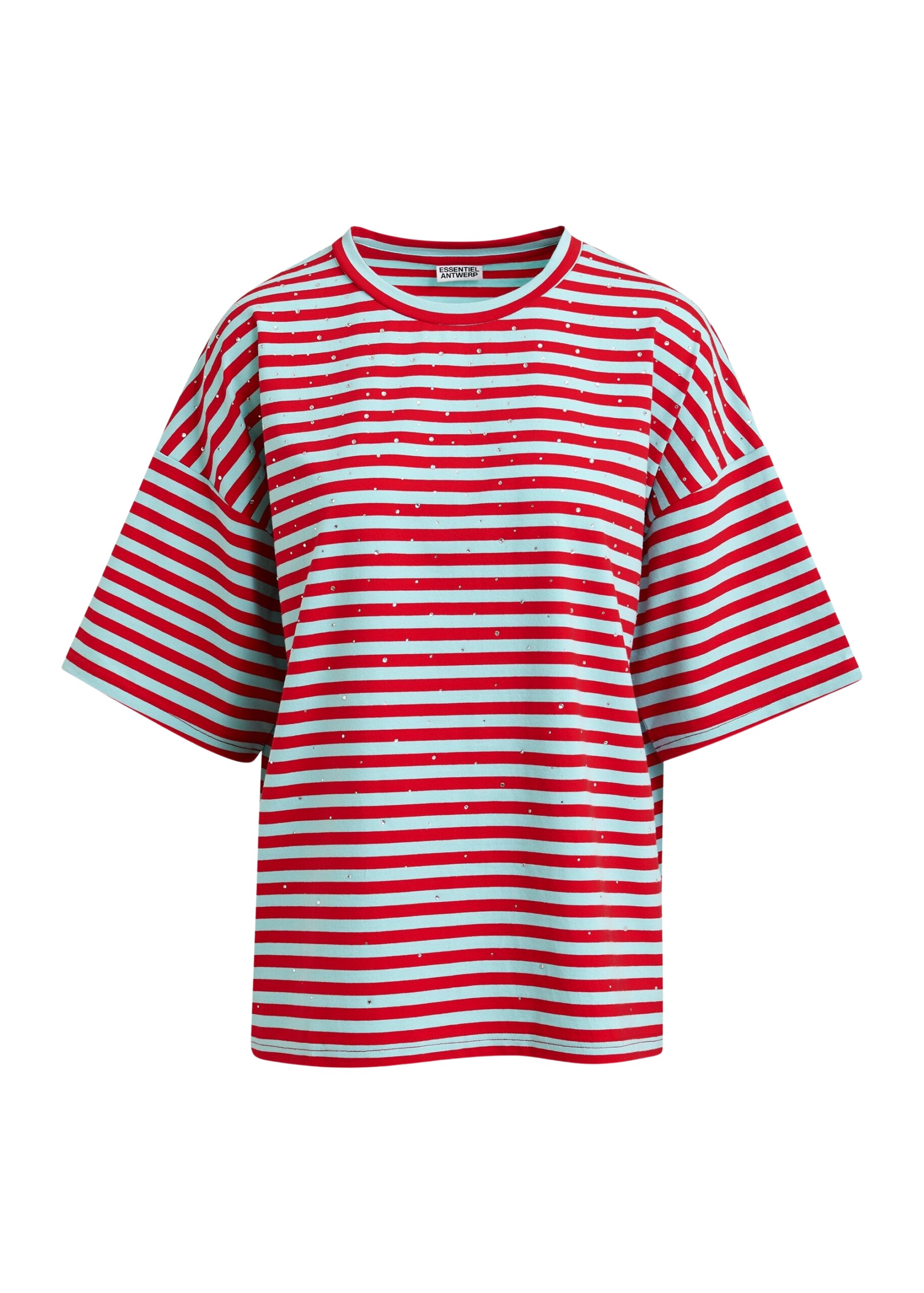 Essentiel Antwerp Light blue and red striped rhinestone-embellished oversized cotton T-shirt Top