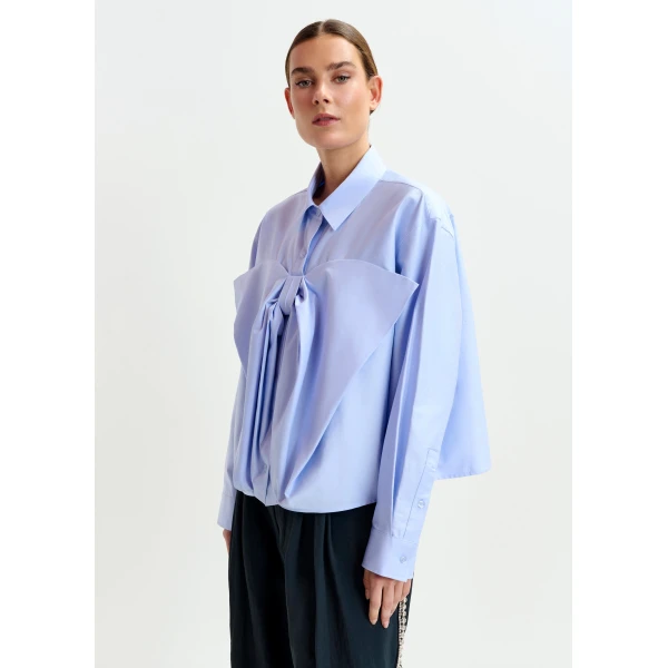 Essentiel Antwerp Light blue bow-detailed cotton-blend shirt - Essentiel Antwerp Shirts - Colorful Belgian Design - Shop at Luxury Shoes 