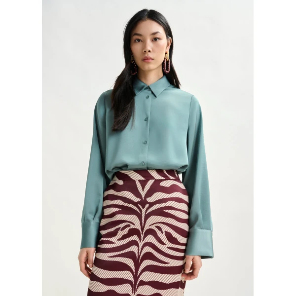 Essentiel Antwerp Light blue oversized satin shirt with button placket - Essentiel Antwerp Shirts - Colorful Belgian Design - Shop at Luxury Shoes 