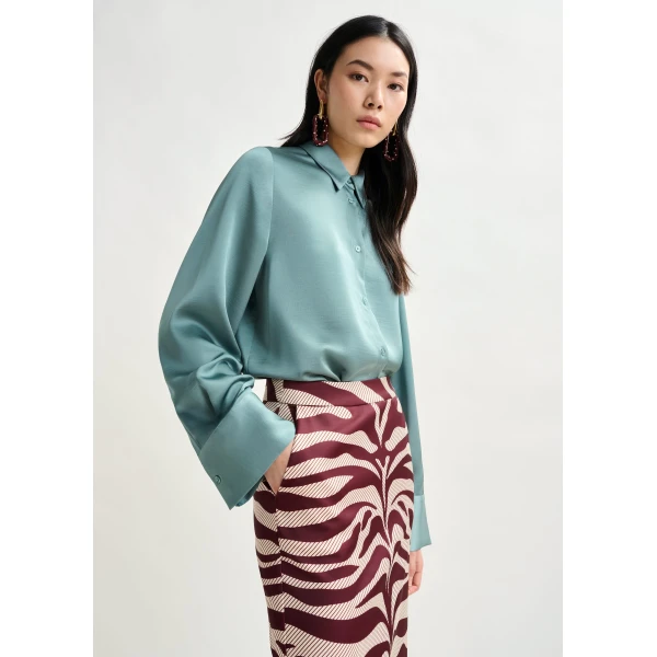 Essentiel Antwerp Light blue oversized satin shirt with button placket - Essentiel Antwerp Shirts - Colorful Belgian Design - Shop at Luxury Shoes 