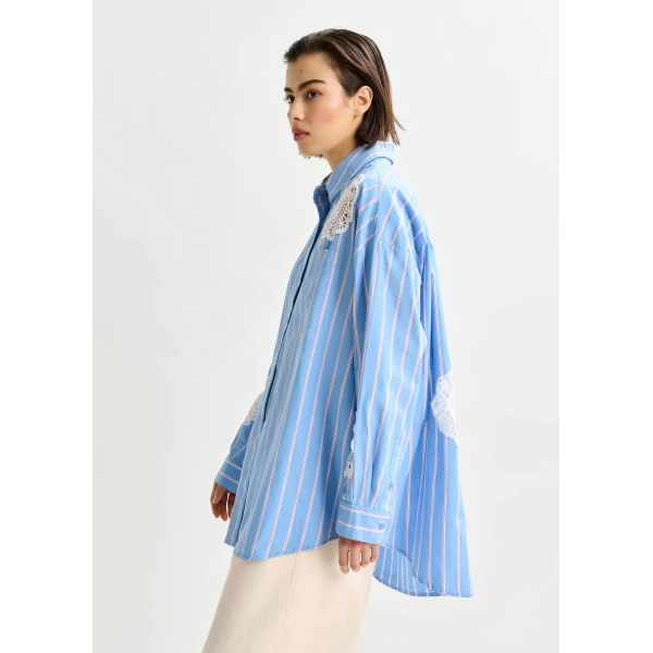 red and white striped cotton shirt with lace patchwork - Essentiel Antwerp Shirts - Colorful Belgian Design - Shop at Luxury Shoes 