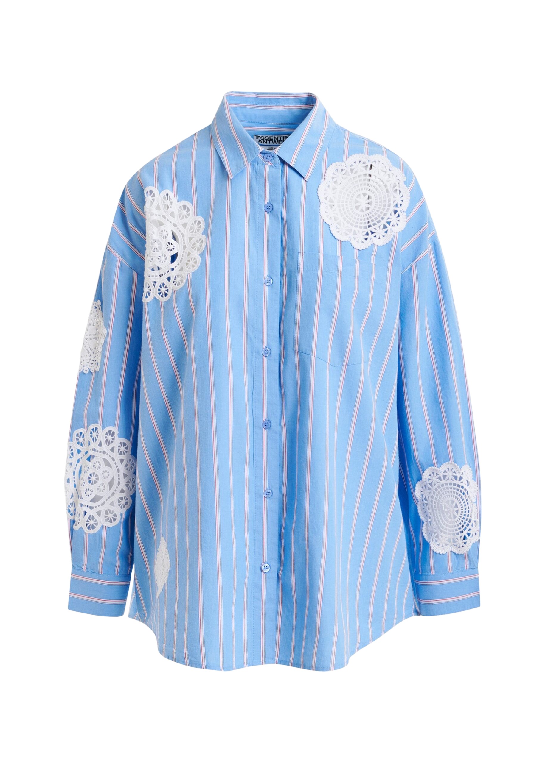 Essentiel Antwerp Light blue, red and white striped cotton shirt with lace patchwork