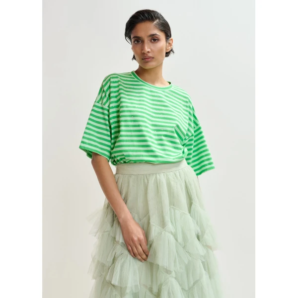 Essentiel Antwerp Light green and green striped rhinestone-embellished oversized cotton T-shirt - Essentiel Antwerp Shirts - Colorful Belgian Design - Shop at Luxury Shoes 
