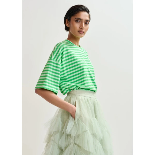Essentiel Antwerp Light green and green striped rhinestone-embellished oversized cotton T-shirt - Essentiel Antwerp Shirts - Colorful Belgian Design - Shop at Luxury Shoes 