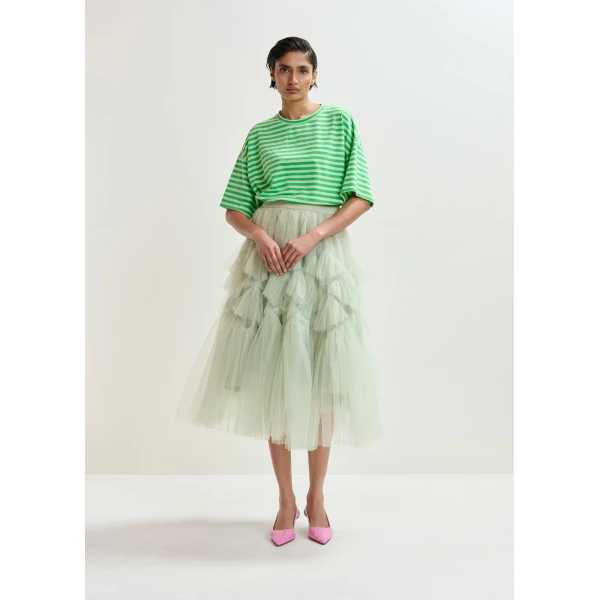 Essentiel Antwerp Light green and green striped rhinestone-embellished oversized cotton T-shirt - Essentiel Antwerp Shirts - Colorful Belgian Design - Shop at Luxury Shoes 