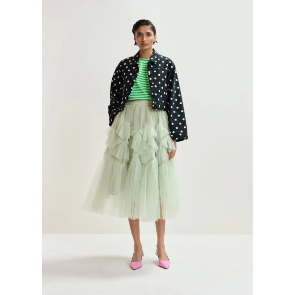 Essentiel Antwerp Light green and green striped rhinestone-embellished oversized cotton T-shirt - Essentiel Antwerp Shirts - Colorful Belgian Design - Shop at Luxury Shoes 