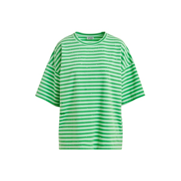 Essentiel Antwerp Light green and green striped rhinestone-embellished oversized cotton T-shirt - Essentiel Antwerp Shirts - Colorful Belgian Design - Shop at Luxury Shoes 