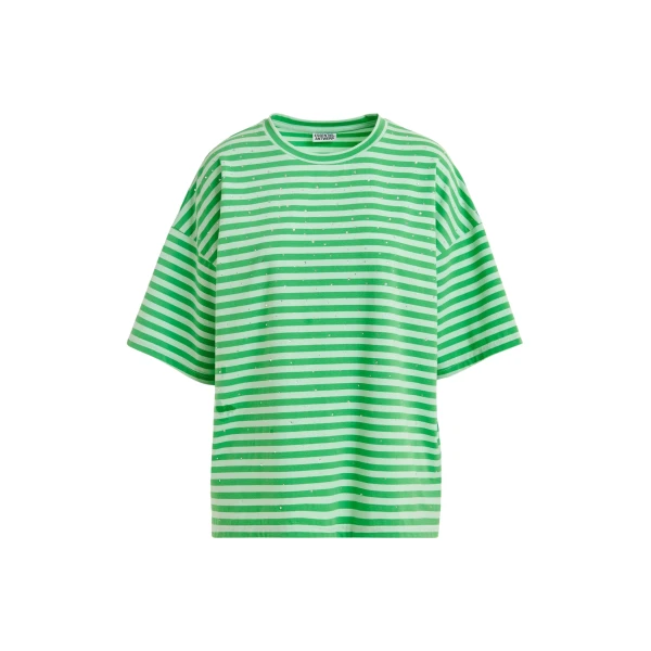 Essentiel Antwerp Light green and green striped rhinestone-embellished oversized cotton T-shirt - Essentiel Antwerp Shirts - Colorful Belgian Design - Shop at Luxury Shoes 