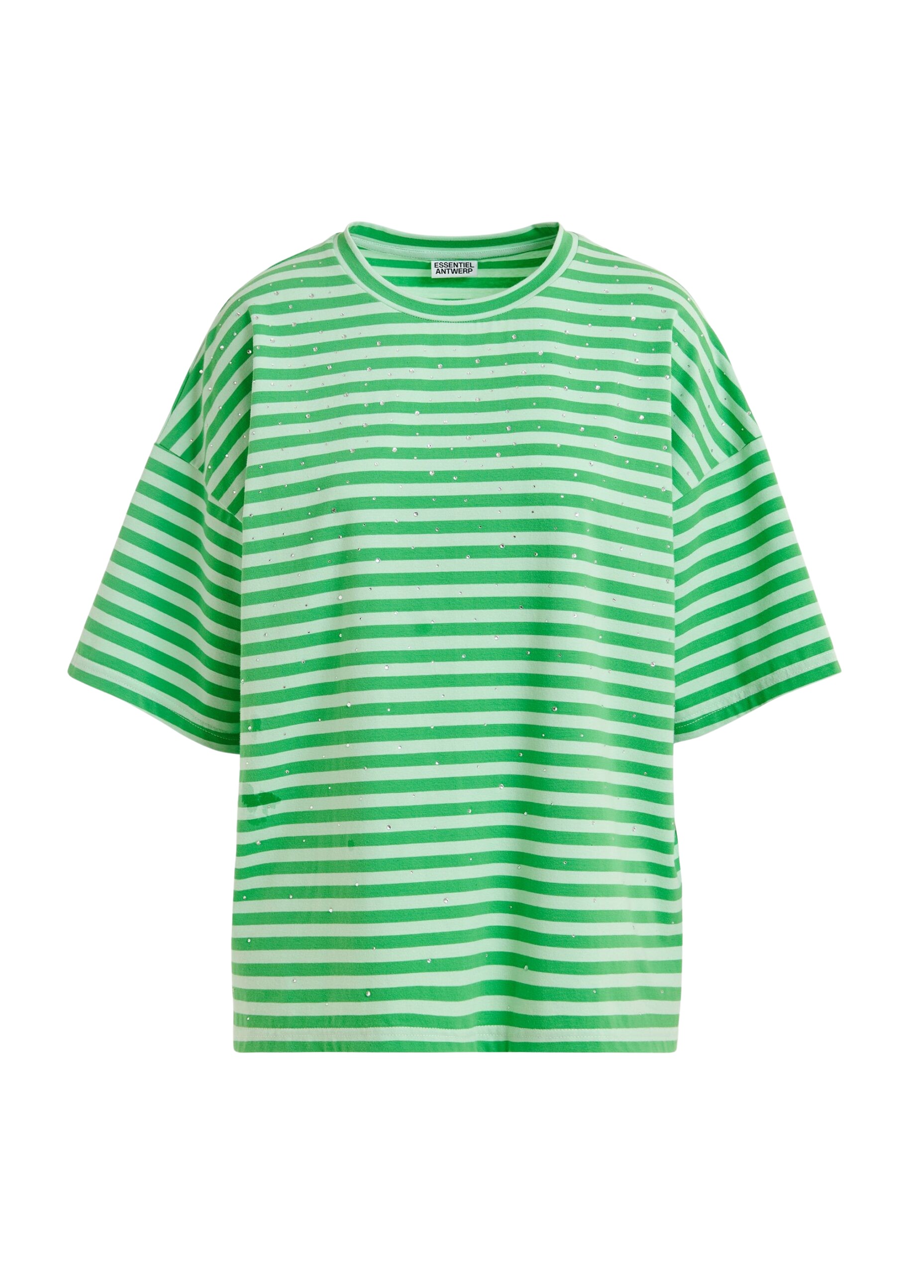 Essentiel Antwerp Light green and green striped rhinestone-embellished oversized cotton T-shirt Top