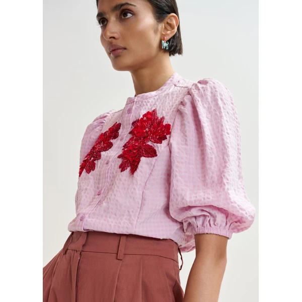 Essentiel Antwerp Light pink and red floral sequin and bead-embellished shirt with voluminous sleeves - Essentiel Antwerp Shirts - Colorful Belgian Design - Shop at Luxury Shoes 