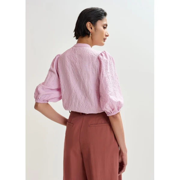 Essentiel Antwerp Light pink and red floral sequin and bead-embellished shirt with voluminous sleeves - Essentiel Antwerp Shirts - Colorful Belgian Design - Shop at Luxury Shoes 