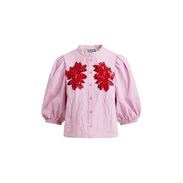 Essentiel Antwerp Light pink and red floral sequin and bead-embellished shirt with voluminous sleeves - Essentiel Antwerp Shirts - Colorful Belgian Design - Shop at Luxury Shoes 