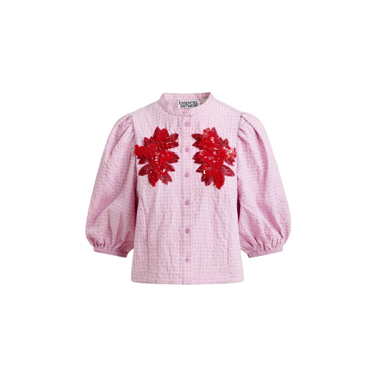 Essentiel Antwerp Light pink and red floral sequin and bead-embellished shirt with voluminous sleeves - Essentiel Antwerp Shirts - Colorful Belgian Design - Shop at Luxury Shoes 
